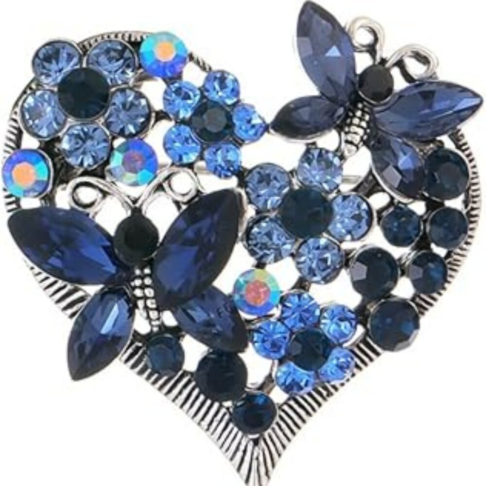 Blue‎ Heart Brooch with Butterflies Sparkly Rhinestones